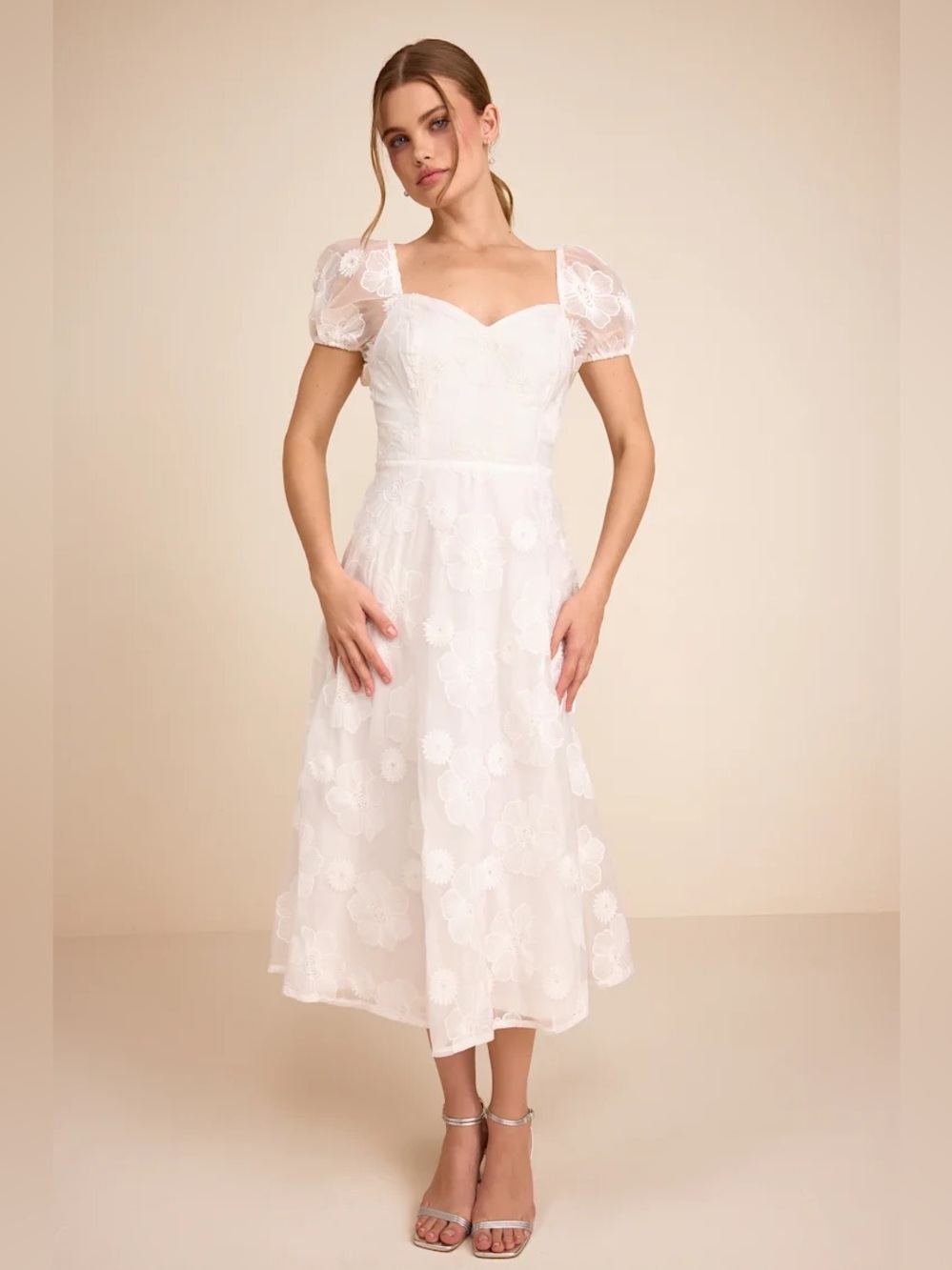 New Lulus Sweetest Behavior White Embroidered Puff Sleeve Midi Dress Medium